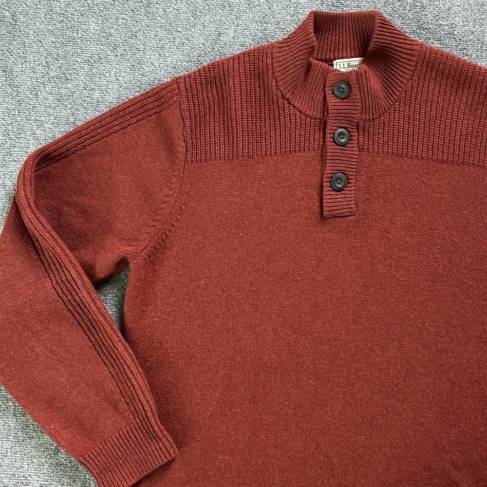 LL Bean Sweater Mens Extra Large Tall Red Lambswool Henley‎ Mock Neck Pullover
